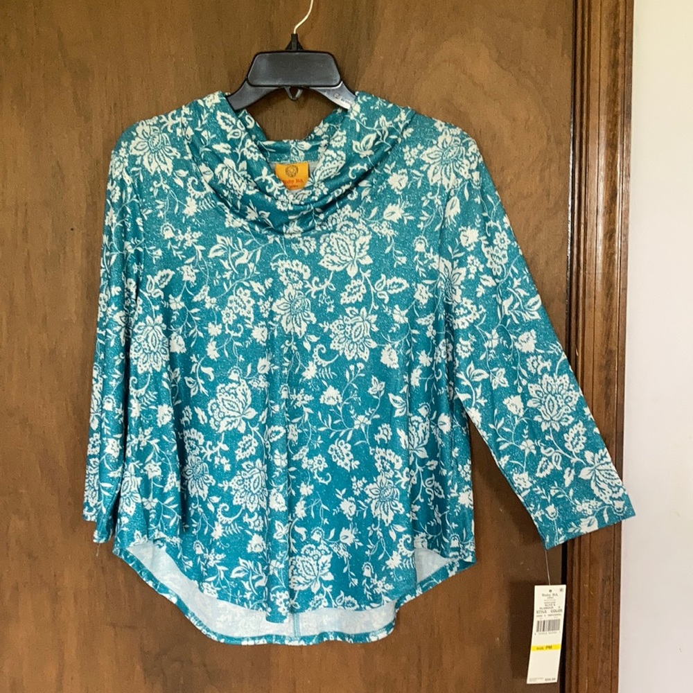 Ruby rd top metallic floral print pullover w stretch casual office PM - Picture 12 of 17